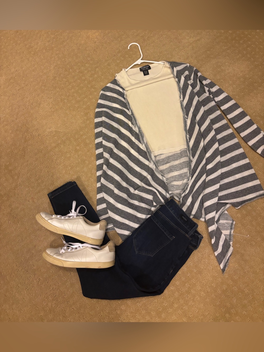 O’Neill Striped Waterfall Cardigan Medium Gray White Coastal Draped Open Front